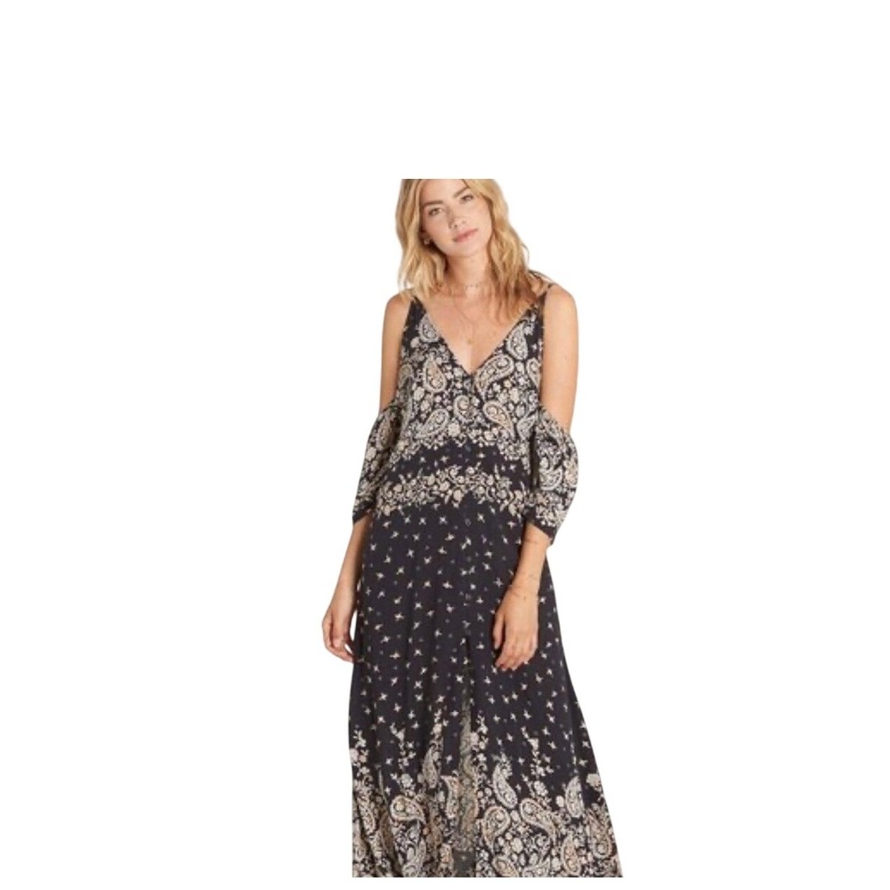 Billabong long maxi, dress, cold shoulder, Black & white paisley Size XS